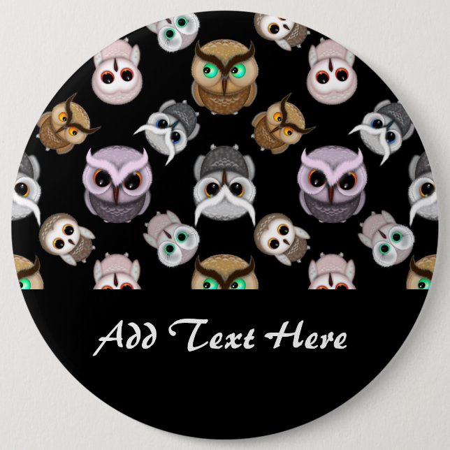 Cute Owl Illustrations over Black Background 6 Inch Round Button (Front)