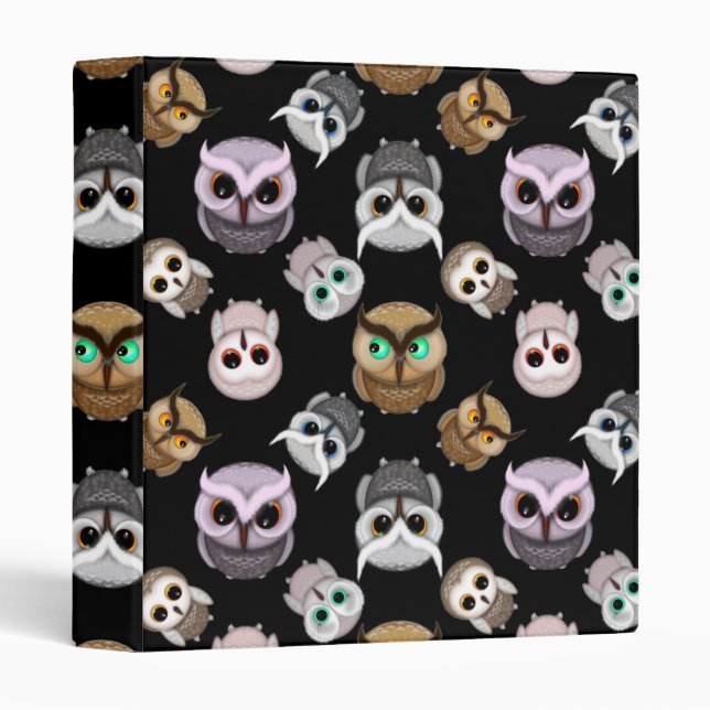 Cute Owl Illustrations over Black Background Binder (Front/Spine)
