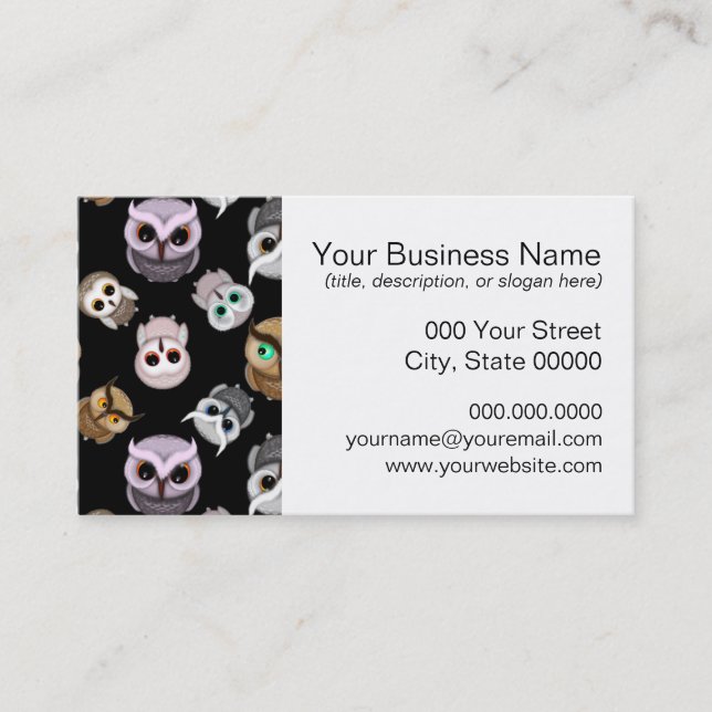 Cute Owl Illustrations over Black Background Business Card (Front)