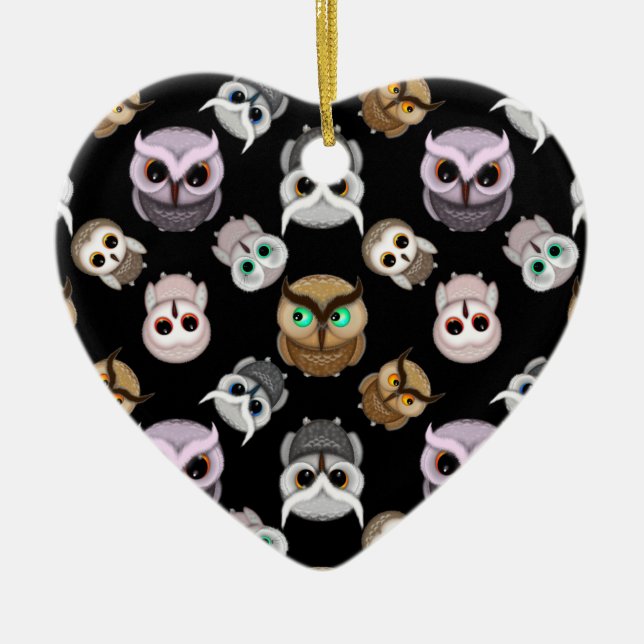 Cute Owl Illustrations over Black Background Ceramic Ornament (Front)