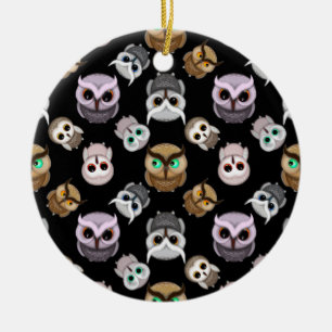Cute Owl Illustrations over Black Background Ceramic Ornament