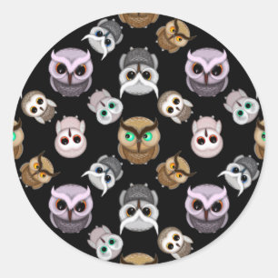 Cute Owl Illustrations over Black Background Classic Round Sticker