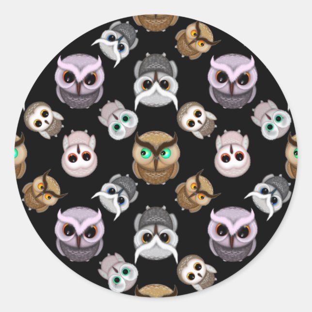 Cute Owl Illustrations over Black Background Classic Round Sticker (Front)