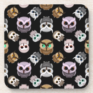 Cute Owl Illustrations over Black Background Coaster