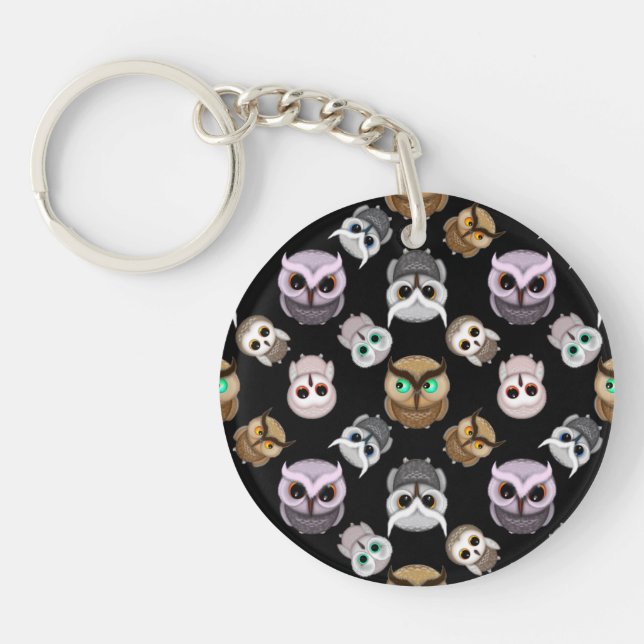 Cute Owl Illustrations over Black Background Keychain (Front)
