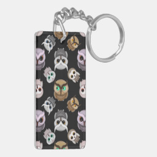 Cute Owl Illustrations over Black Background Keychain