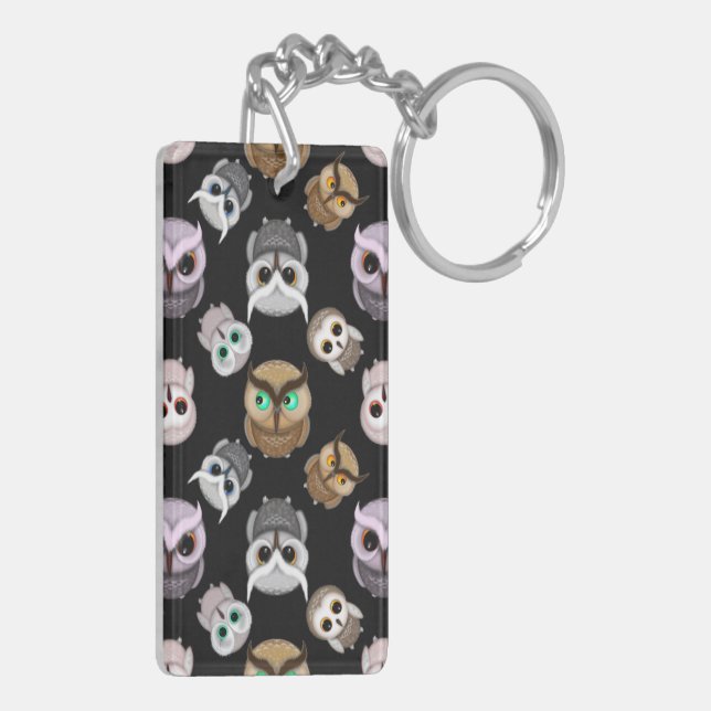 Cute Owl Illustrations over Black Background Keychain (Back Left)