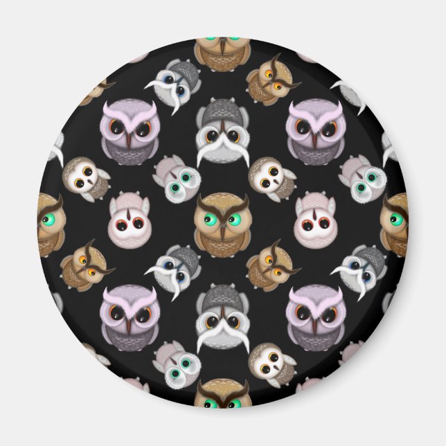 Cute Owl Illustrations over Black Background Magnet (Front)