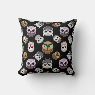 Cute Owl Illustrations over Black Background Throw Pillow