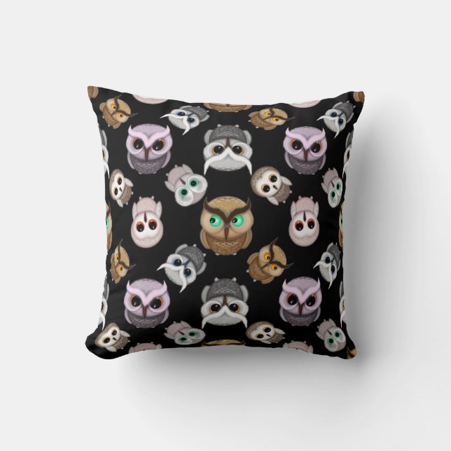 Cute Owl Illustrations over Black Background Throw Pillow (Front)