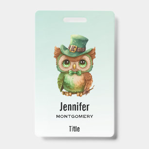 Cute Owl in a Green Top Hat Badge