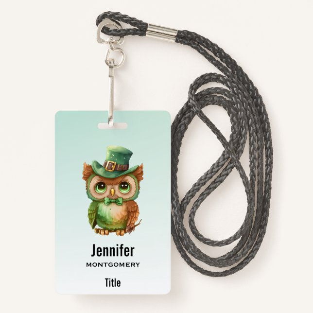 Cute Owl in a Green Top Hat Badge (Front with Lanyard)