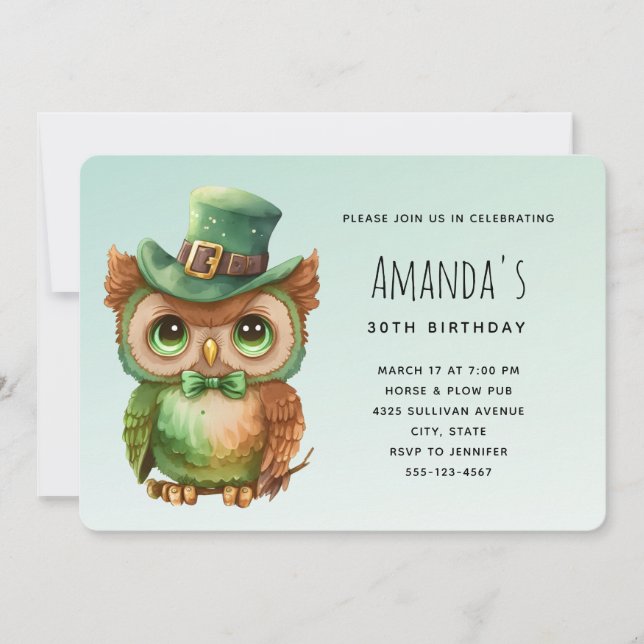 Cute Owl in a Green Top Hat Birthday Invitation (Front)