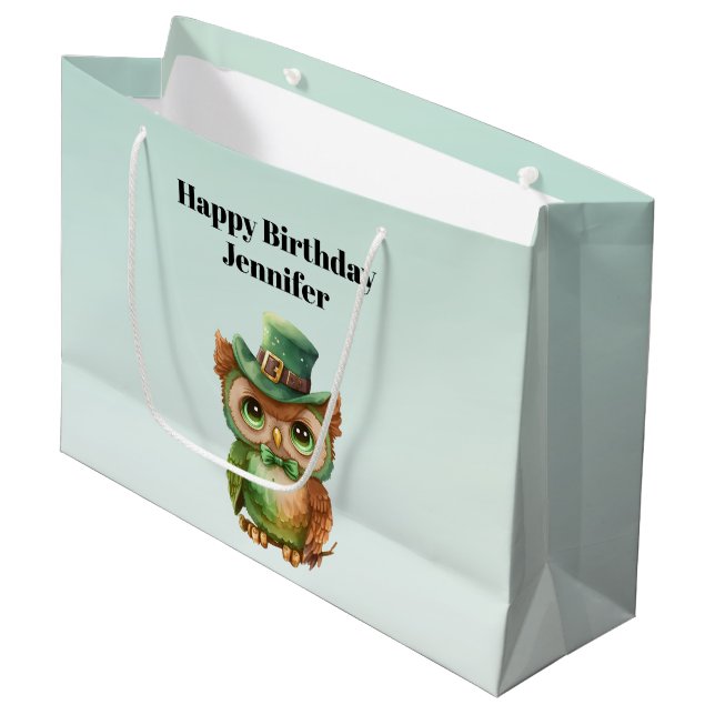 Cute Owl in a Green Top Hat Birthday Large Gift Bag (Front Angled)