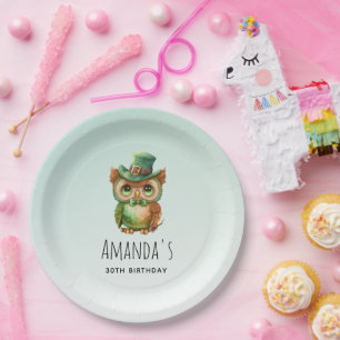 Cute Owl in a Green Top Hat Birthday Paper Plate