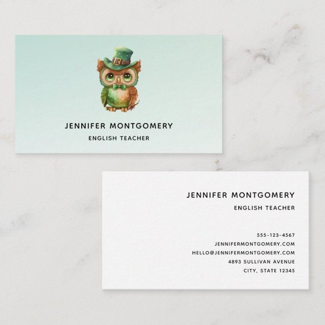 Cute Owl in a Green Top Hat Business Card (Front/Back)