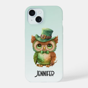Cute Owl in a Green Top Hat iPhone 15 Case