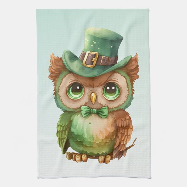 Cute Owl in a Green Top Hat Kitchen Towel (Vertical)