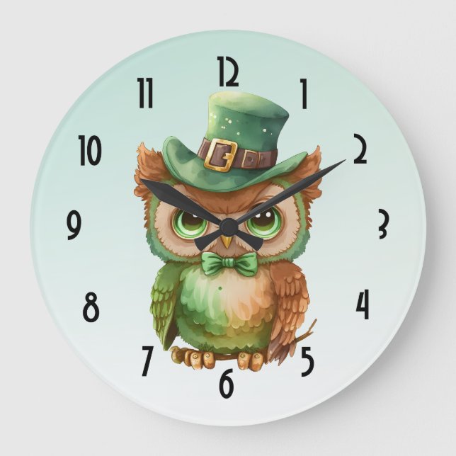 Cute Owl in a Green Top Hat Large Clock (Front)
