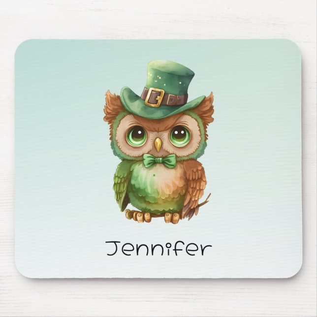 Cute Owl in a Green Top Hat Mouse Pad (Front)
