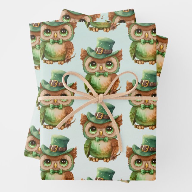 Cute Owl in a Green Top Hat Pattern Wrapping Paper Sheet (In situ)