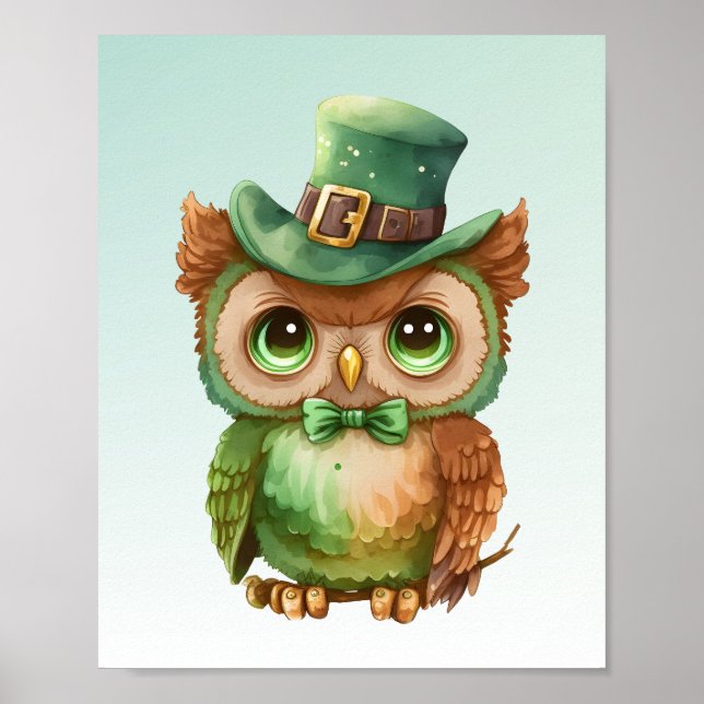 Cute Owl in a Green Top Hat Poster (Front)
