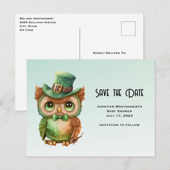 Cute Owl in a Green Top Hat Save the Date Invitation Postcard (Front/Back)
