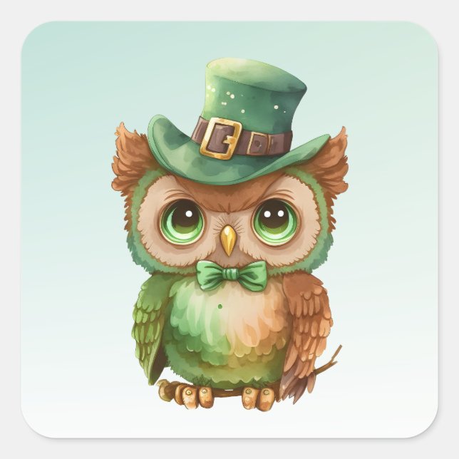  Cute Owl in a Green Top Hat Square Sticker (Front)