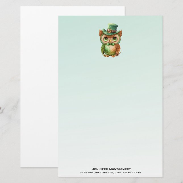 Cute Owl in a Green Top Hat Stationery (Front/Back)