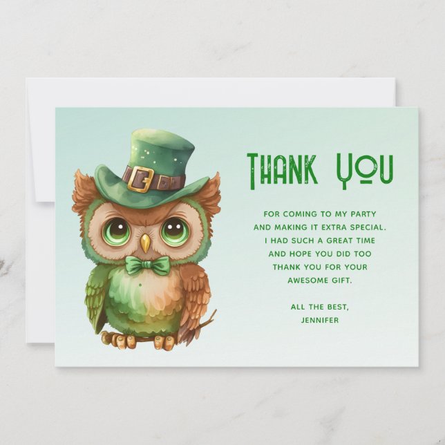 Cute Owl in a Green Top Hat Thank You Card (Front)