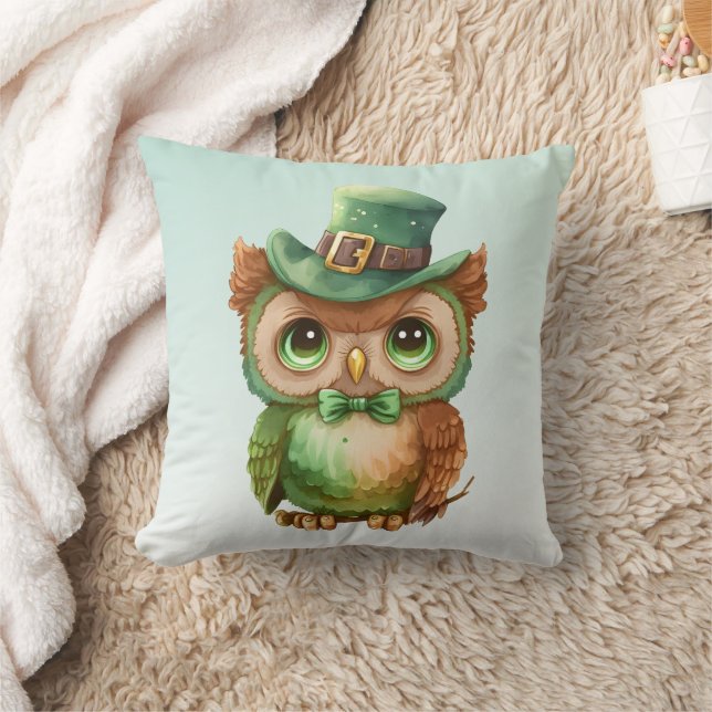 Cute Owl in a Green Top Hat Throw Pillow (Blanket)