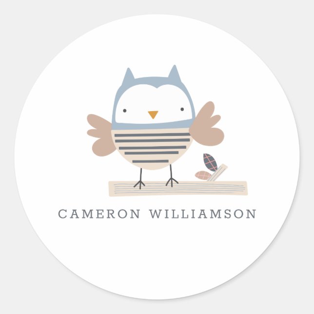 Cute Owl in Blue Personalized Stationery      Classic Round Sticker (Front)