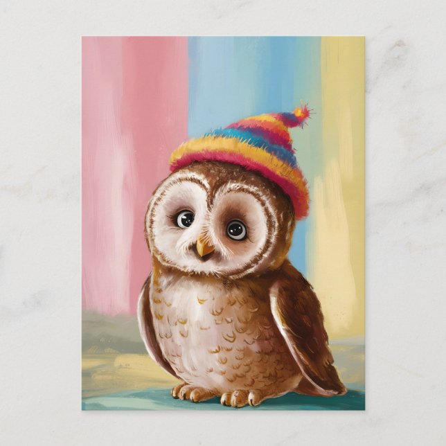 Cute Owl in Colourful Beanie Postcard (Front)