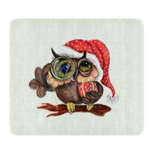 Cute Owl In Hat and Gift Christmas Cutting Board