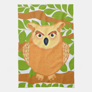 Cute Owl In Tree With Green Leaves Kitchen Towel