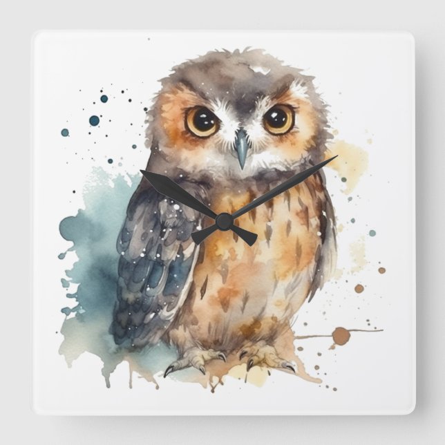 Cute owl in water colour square wall clock (Front)
