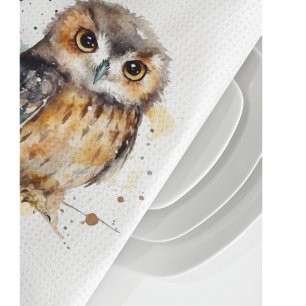 Cute owl in watercolor, customizable kitchen towel