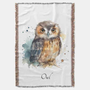 Cute owl in watercolor, customizable throw blanket