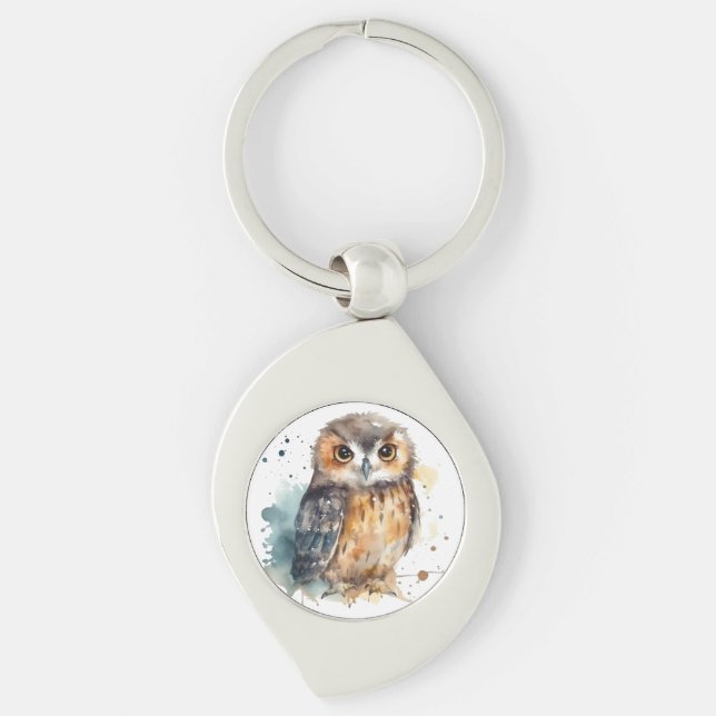 Cute owl in watercolor keychain (Front)