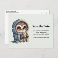 Cute Owl in Winter with Coffee Save the Date