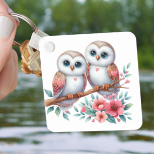 Cute Owl Love Cartoon Woodland Nature Lover Floral Keychain