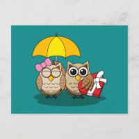 Cute Owl Lovers w/ Umbrella and Red Chocolate Box