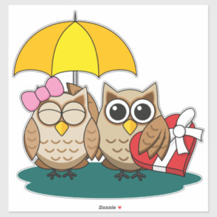 Cute Owl Lovers w/ Umbrella & Red Chocolate Box