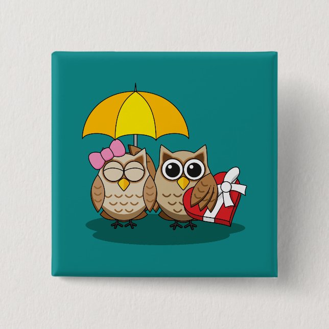 Cute Owl Lovers w/ Umbrella & Red Chocolate Box 2 Inch Square Button (Front)