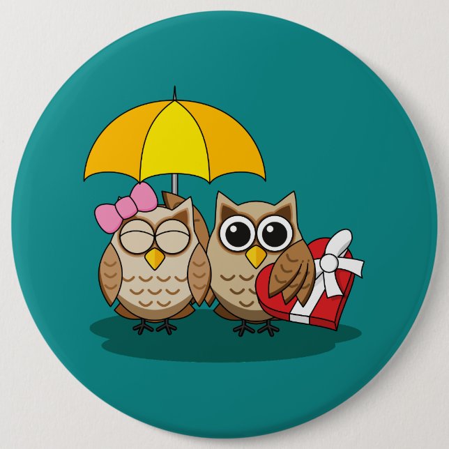 Cute Owl Lovers w/ Umbrella & Red Chocolate Box 6 Inch Round Button (Front)