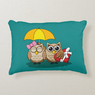 Cute Owl Lovers w/ Umbrella & Red Chocolate Box Accent Pillow