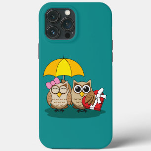 Cute Owl Lovers w/ Umbrella & Red Chocolate Box iPhone 13 Pro Max Case