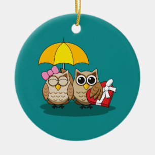 Cute Owl Lovers w/ Umbrella & Red Chocolate Box Ceramic Ornament
