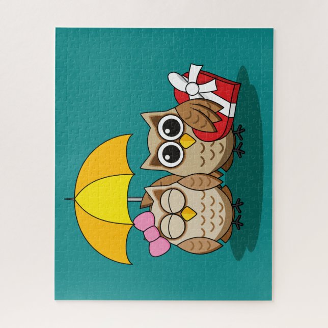 Cute Owl Lovers w/ Umbrella & Red Chocolate Box Jigsaw Puzzle (Vertical)