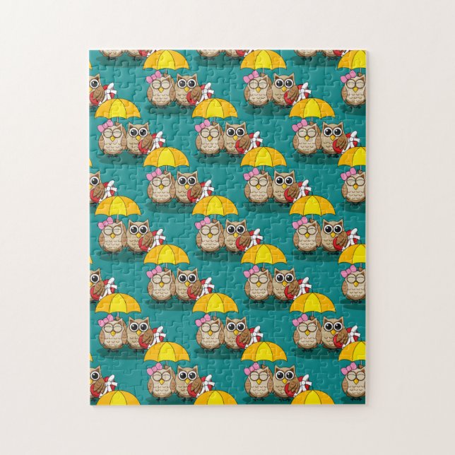 Cute Owl Lovers w/ Umbrella & Red Chocolate Box Jigsaw Puzzle (Vertical)
